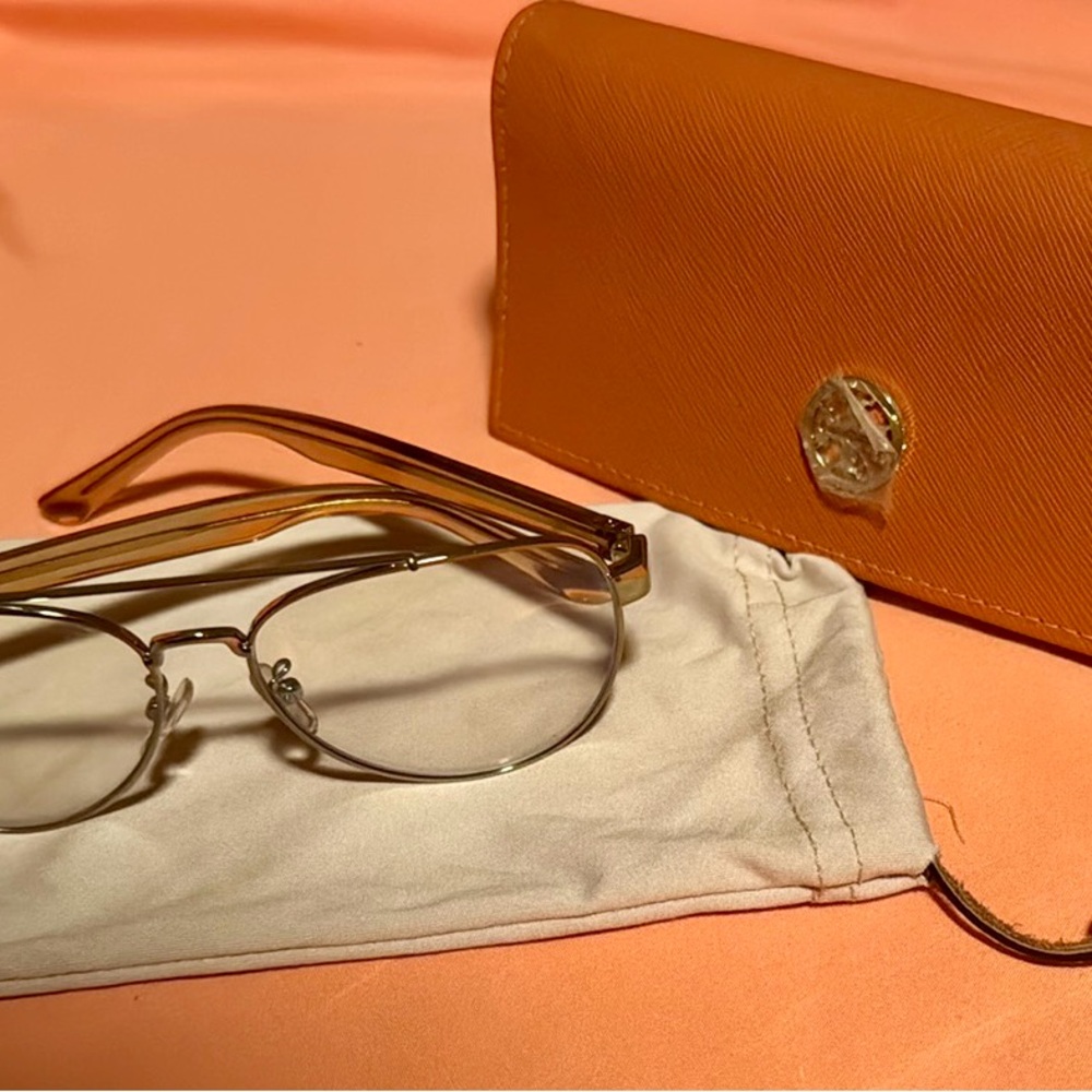 Elegant Gold Aviator Tory Burch Glasses with Dust Bag & Orange Hardshell Case.